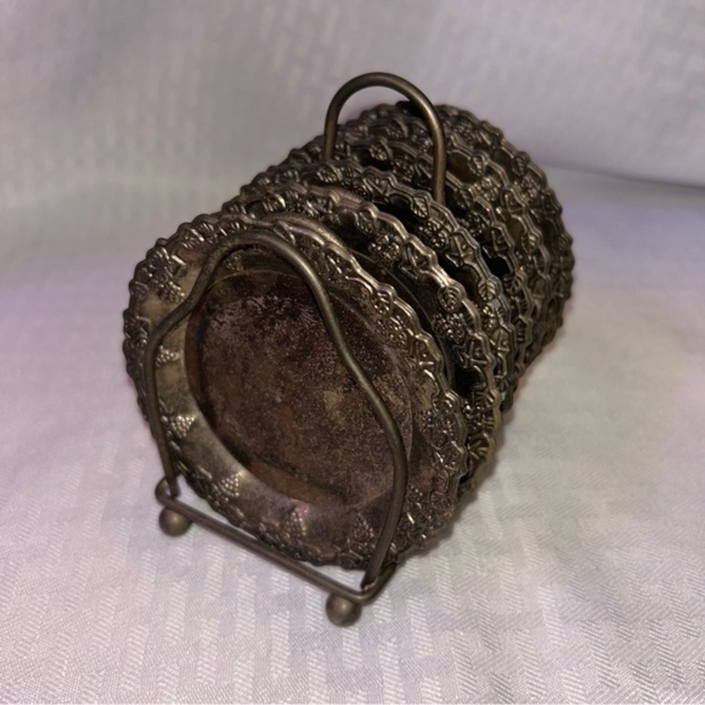 Vintage Silverplated Victorian-Style Grapevine Repousse Coasters (6) w/Caddy